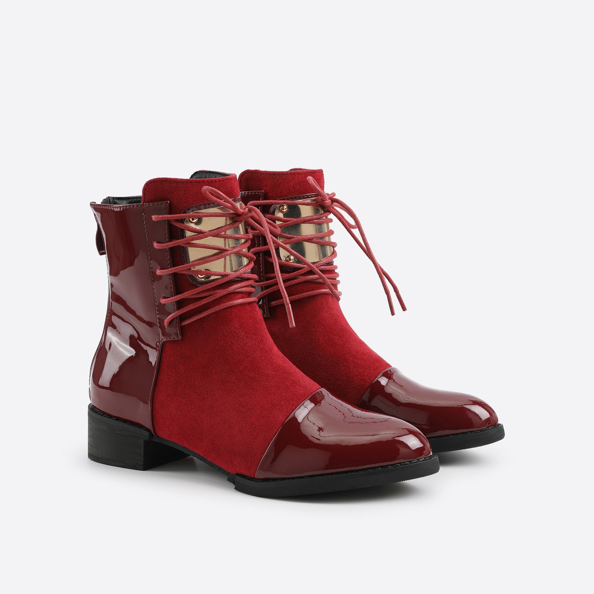 Women Lace-Up Round Toe Low Heeled Back Zipper Boots