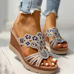 Women's Wedges Dune High Heels Rhinestone Platform Wedges Backless Slip-on Sandals