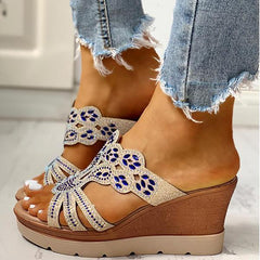 Women's Wedges Dune High Heels Rhinestone Platform Wedges Backless Slip-on Sandals