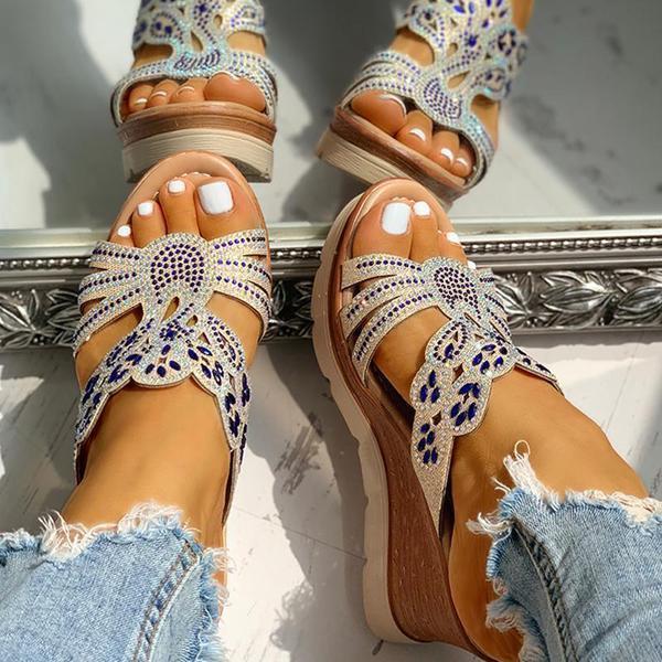 Women's Wedges Dune High Heels Rhinestone Platform Wedges Backless Slip-on Sandals