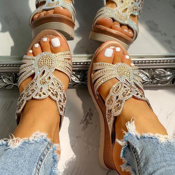 Women's Wedges Dune High Heels Rhinestone Platform Wedges Backless Slip-on Sandals