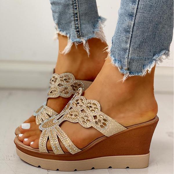 Women's Wedges Dune High Heels Rhinestone Platform Wedges Backless Slip-on Sandals