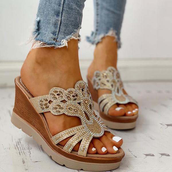 Women's Wedges Dune High Heels Rhinestone Platform Wedges Backless Slip-on Sandals