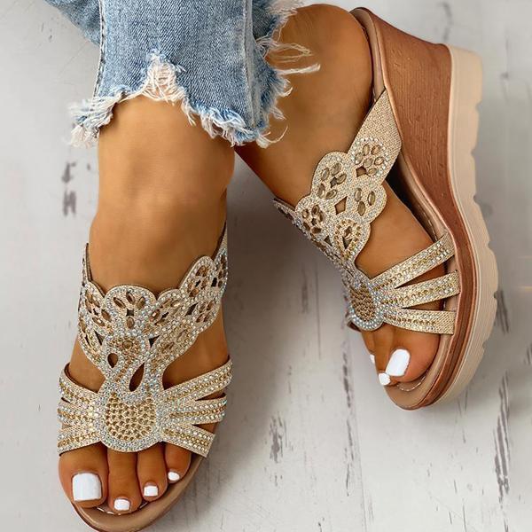 Women's Wedges Dune High Heels Rhinestone Platform Wedges Backless Slip-on Sandals