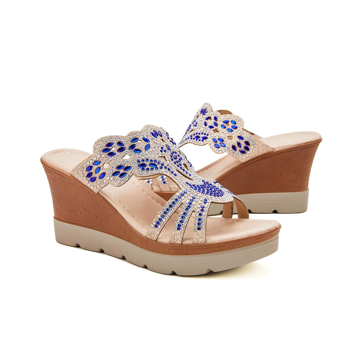 Women's Wedges Dune High Heels Rhinestone Platform Wedges Backless Slip-on Sandals