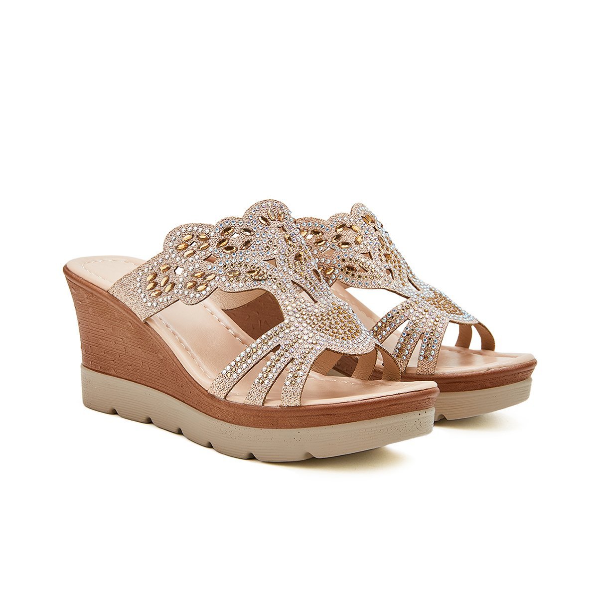 Women's Wedges Dune High Heels Rhinestone Platform Wedges Backless Slip-on Sandals