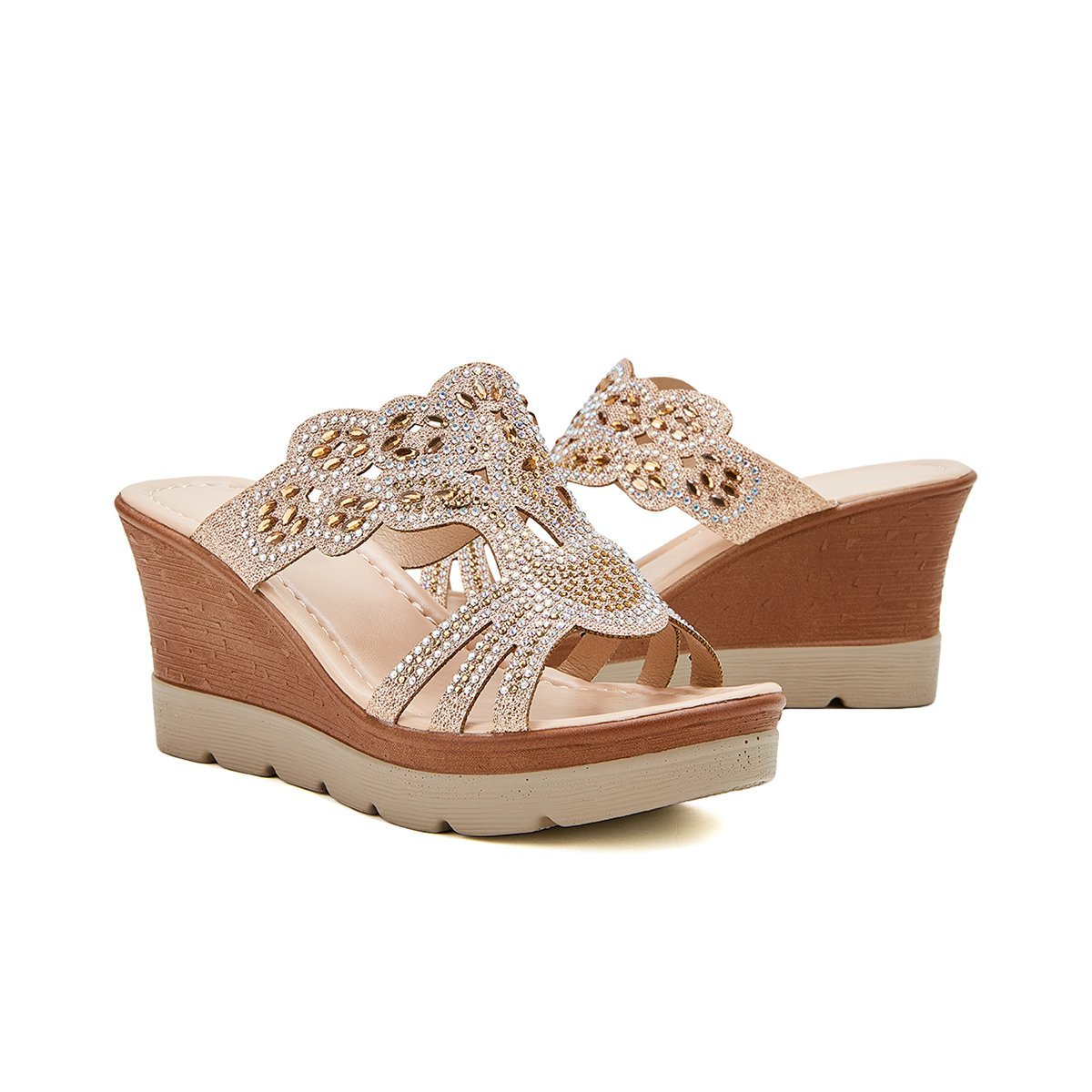 Women's Wedges Dune High Heels Rhinestone Platform Wedges Backless Slip-on Sandals