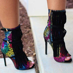 Fashion Fringe Peep Toe Stilettos High Heels Ankle Boots