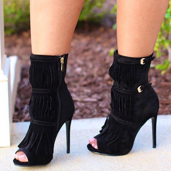 Fashion Fringe Peep Toe Stilettos High Heels Ankle Boots