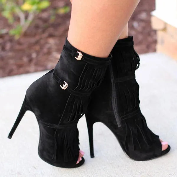 Fashion Fringe Peep Toe Stilettos High Heels Ankle Boots