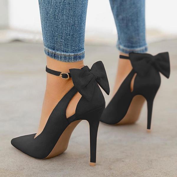 Women's Wedding Heels Bowknot Suede Heels Thin Heel Buckle Pump Adjustable Belt Dress Sandals