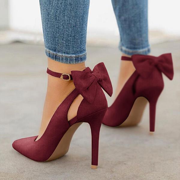 Women's Wedding Heels Bowknot Suede Heels Thin Heel Buckle Pump Adjustable Belt Dress Sandals