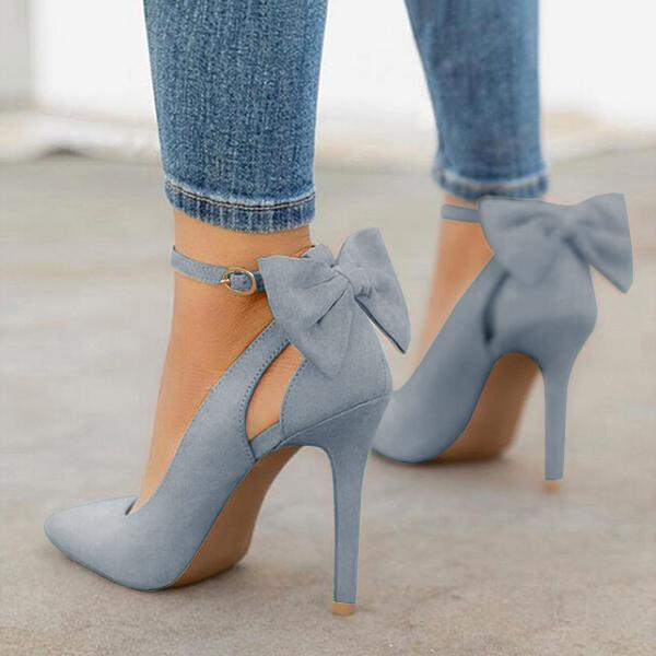 Women's Wedding Heels Bowknot Suede Heels Thin Heel Buckle Pump Adjustable Belt Dress Sandals