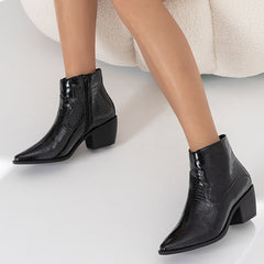 Women Black Western Ankle Boots Side Zipper Chunky Block Heel Booties