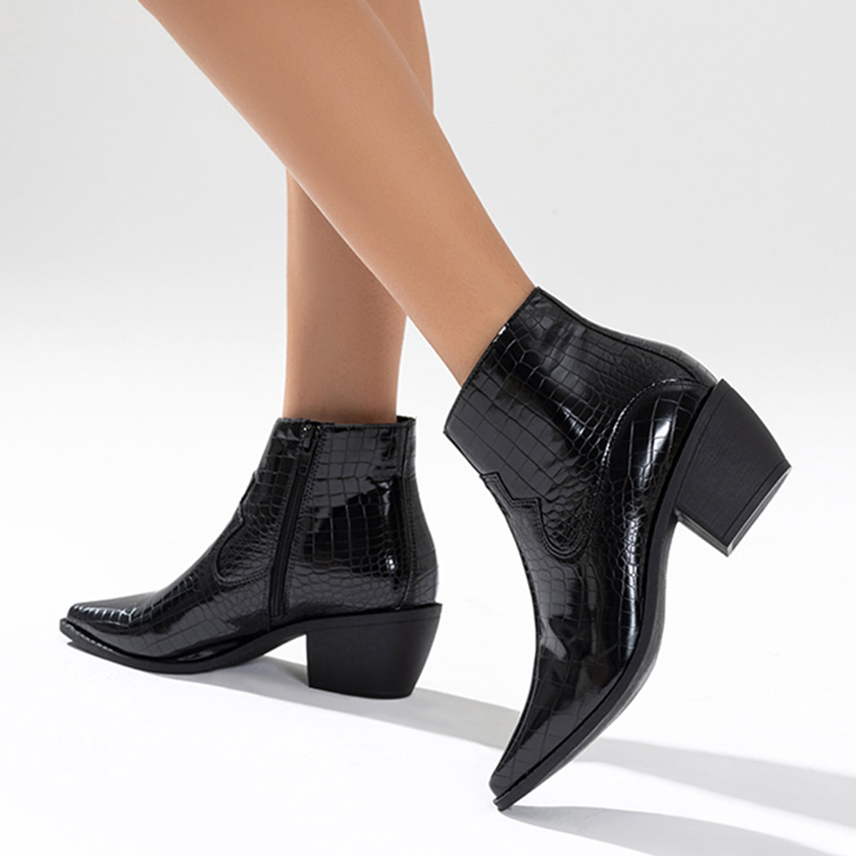 Women Black Western Ankle Boots Side Zipper Chunky Block Heel Booties