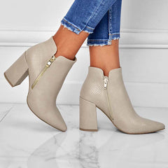 Women Chunky Heel Booties Pointed Toe Side Zip Ankle Boots