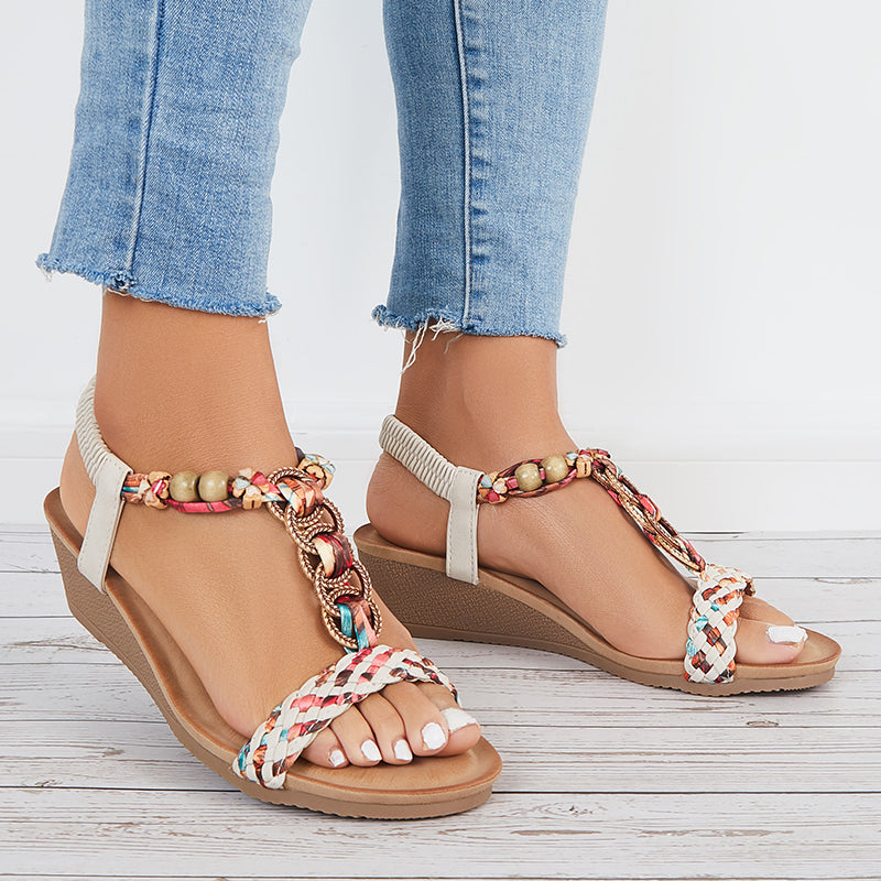 Boho Low Wedge Heels Elastic Ankle Strap Dress Sandals