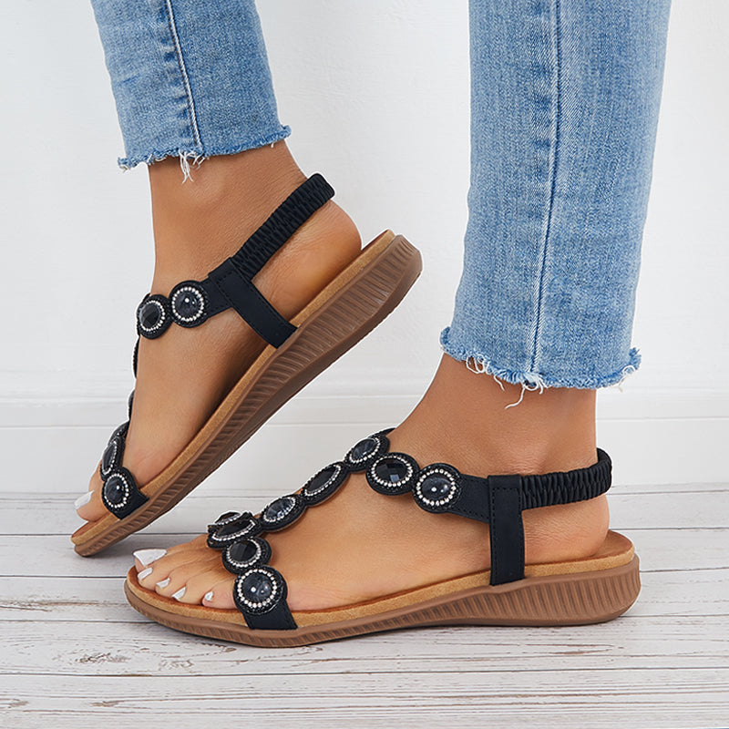 Boho Low Wedge Heels Open Toe Arch Support Elastic Strap Sandals