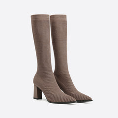 Futurecen- Women Knit Comfort Chunky Heeled High Boots