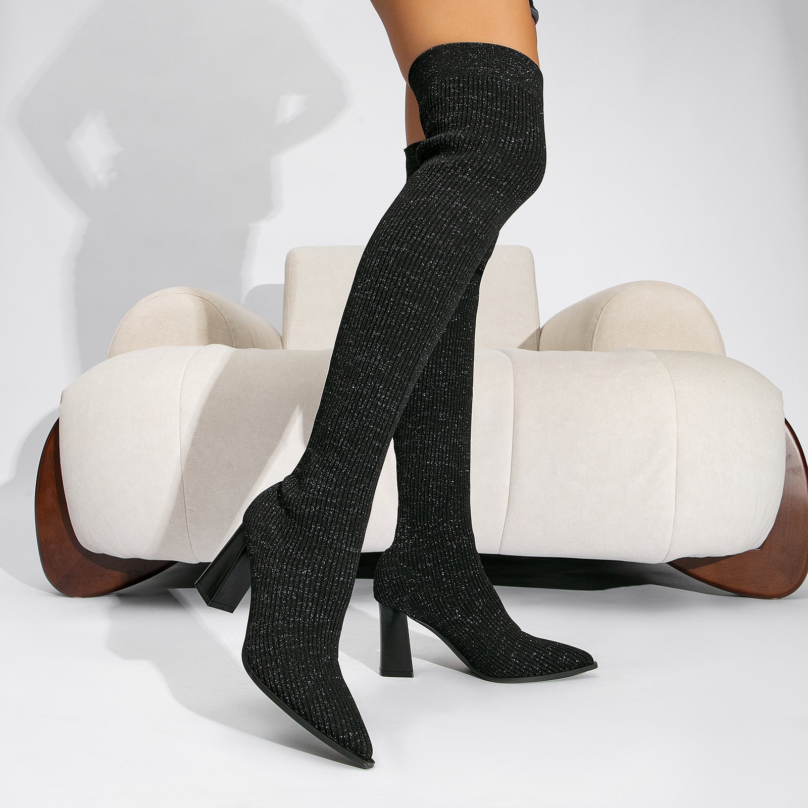 Futurecen- Women Knit Comfort Chunky Heeled High Boots