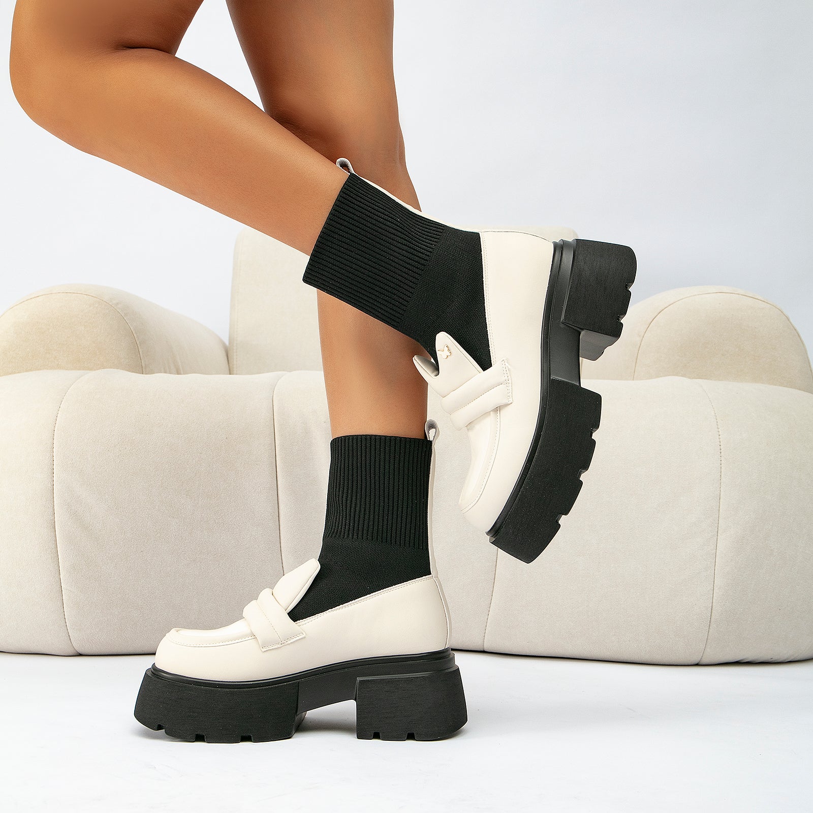 Futurecen-Women Two Tone Knit Ankle Boots