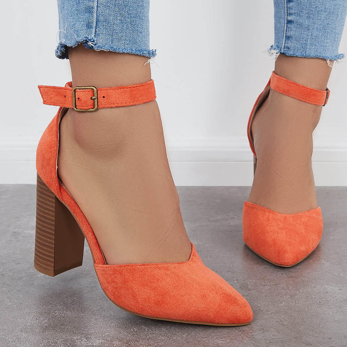 Casual Chunky Block High Heel Pumps Pointed Toe Ankle Strap Heels