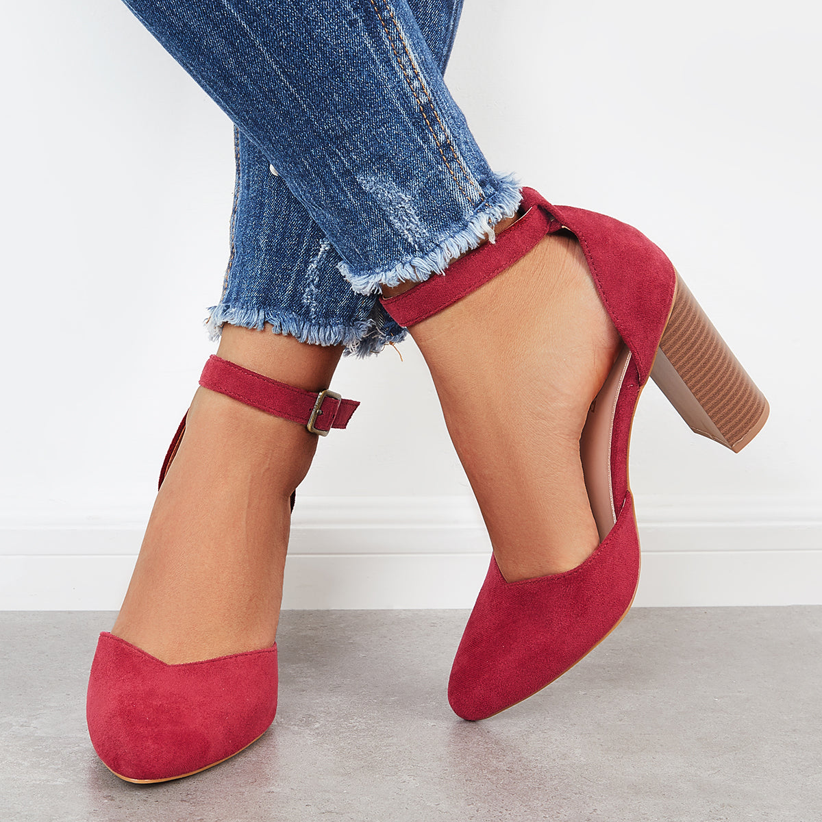 Casual Chunky Block High Heel Pumps Pointed Toe Ankle Strap Heels