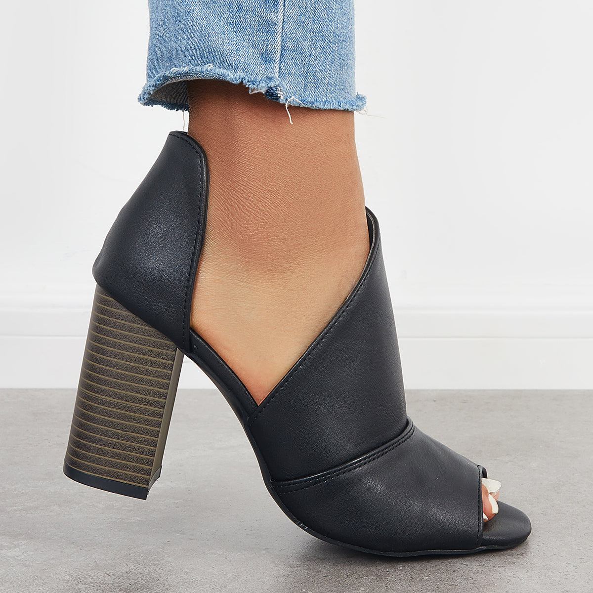 Black Cut Out Peep Toe Pumps Chunky Block Heel Ankle Boots