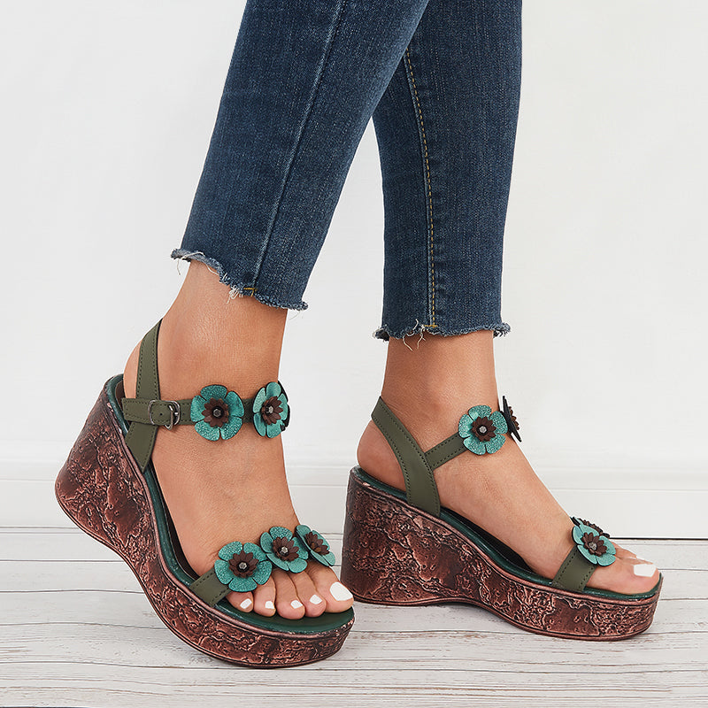 Retro Floral Platform High Wedges Open Toe Ankle Strap Sandals