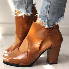 Womens Peep Toe Cutout Rivet Chunky Heel Boots Imilybela