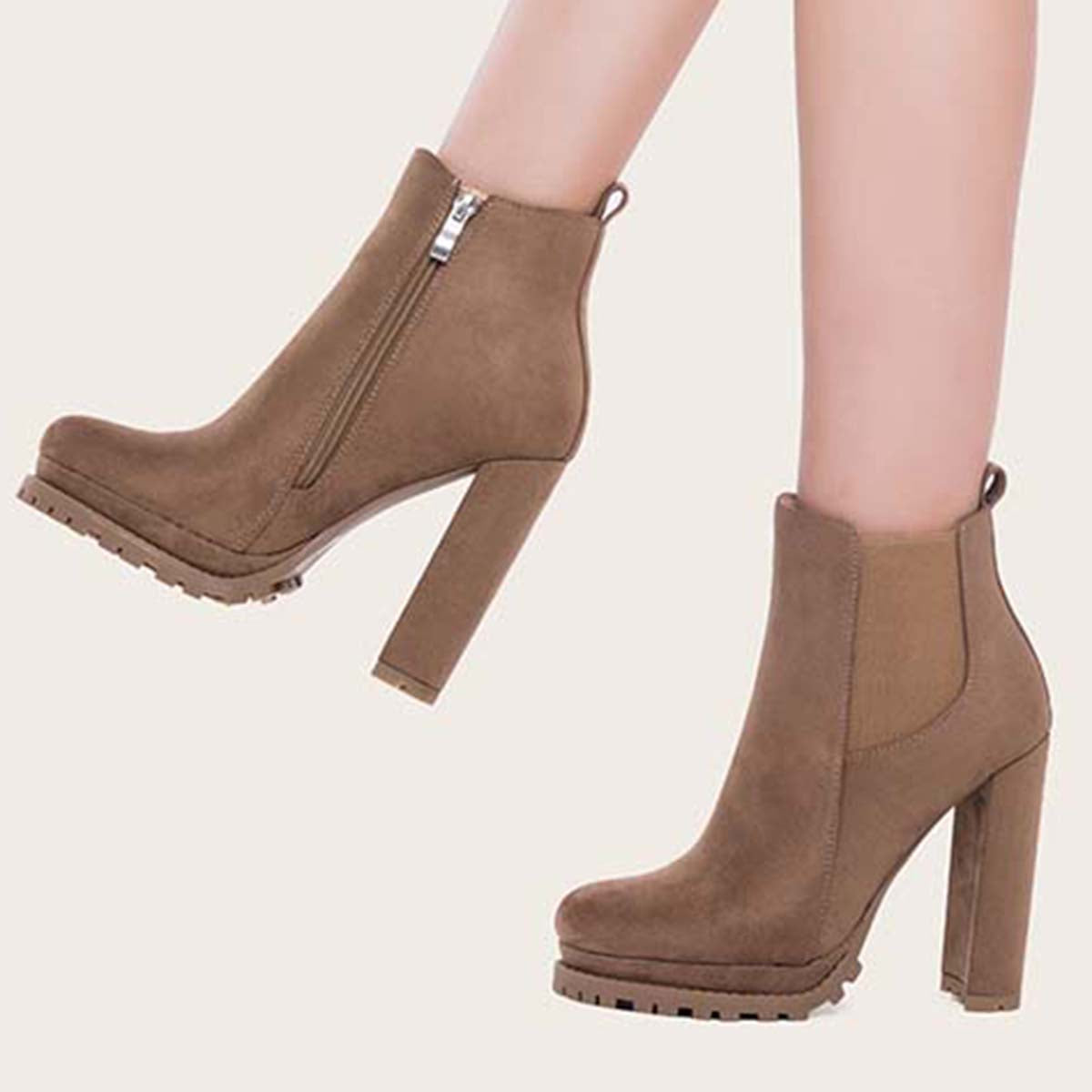 Women Platform Chelsea Ankle Boots Side Zipper Chunky High Heel Booties