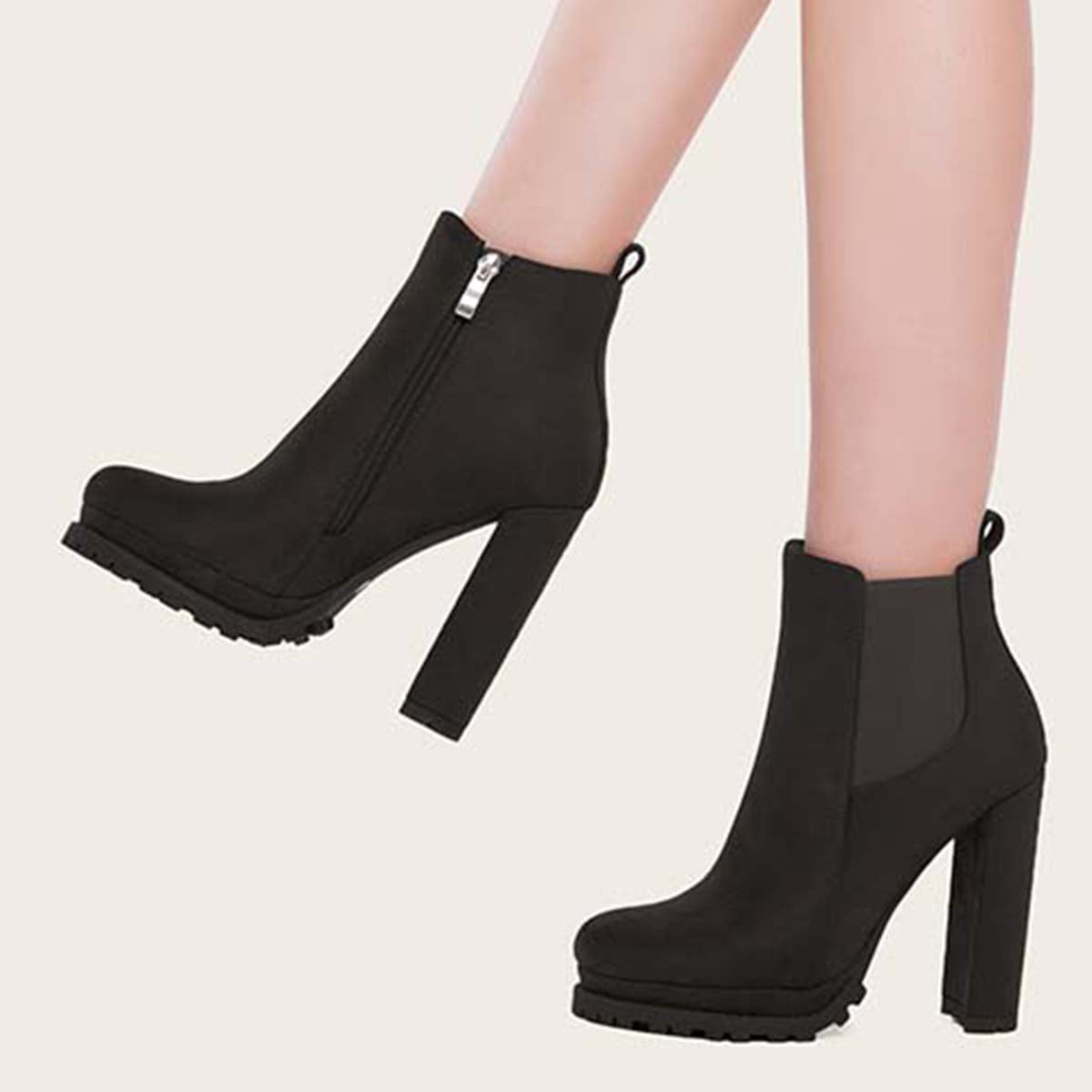 Women Platform Chelsea Ankle Boots Side Zipper Chunky High Heel Booties