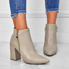 Women Chunky Heel Booties Pointed Toe Side Zip Ankle Boots