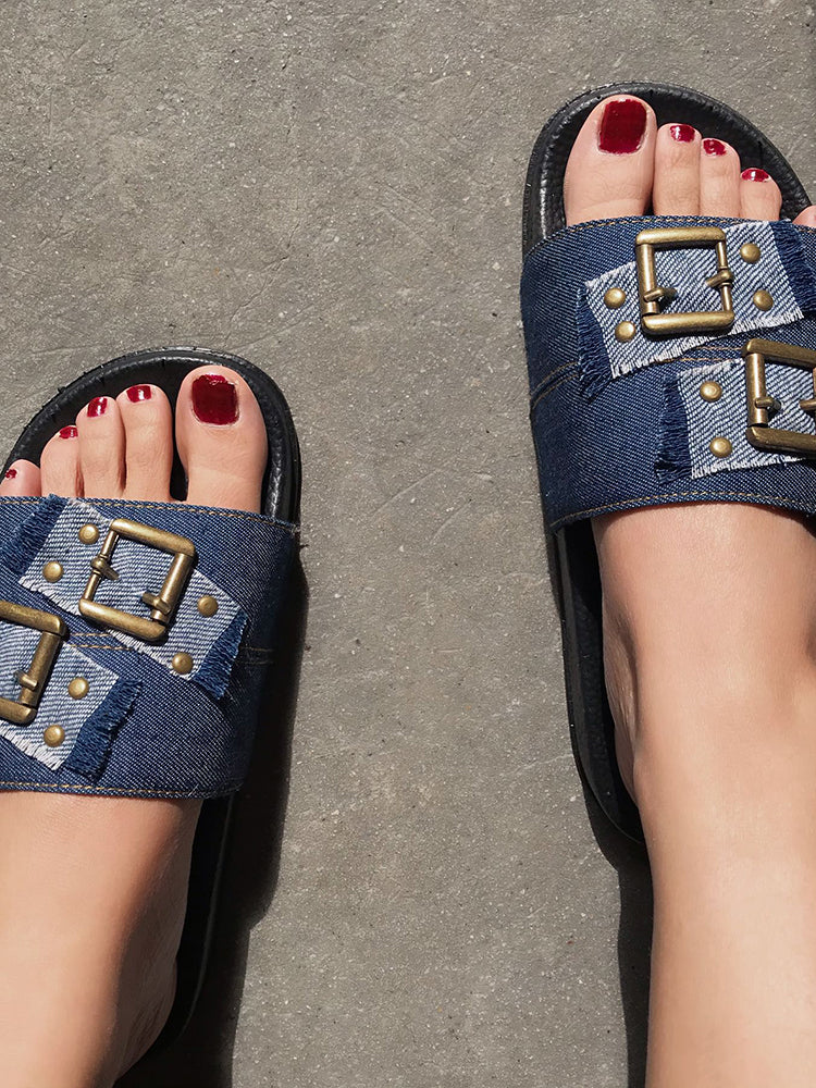 Denim Studded Buckle Slippers