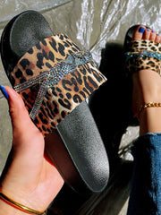 Leopard Rhinestone Flat Slippers