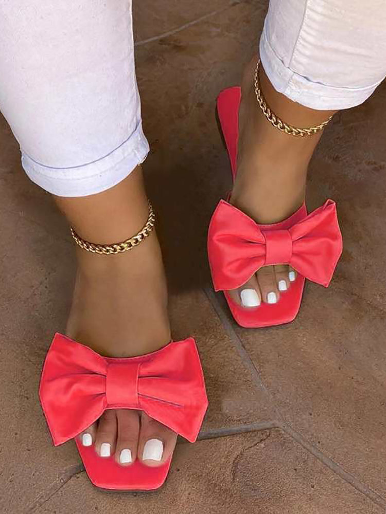 Bowknot Decor Square Toe Flat Slippers