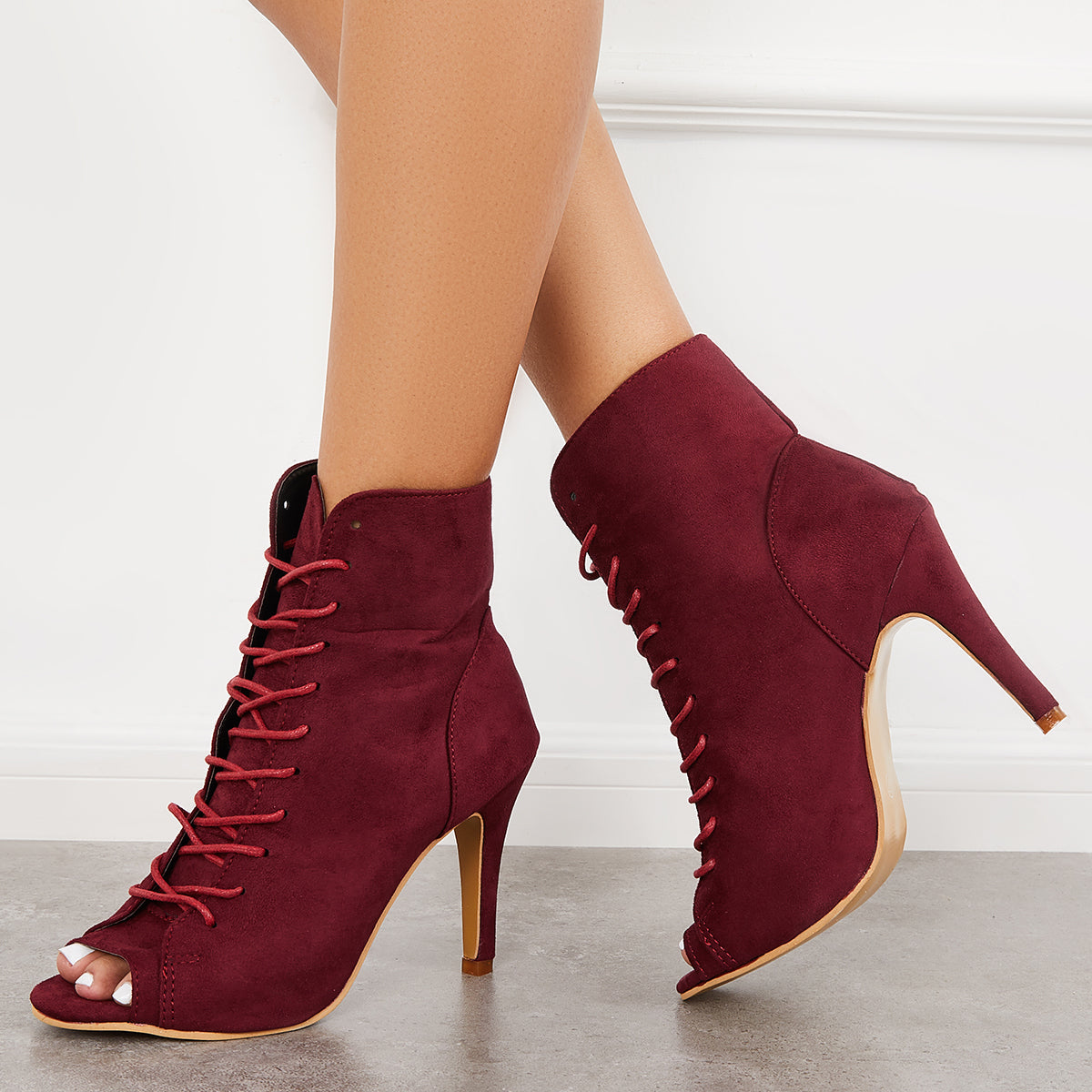 Women's Fashion Peep Toe Stiletto High Heel Ankle Boots Lace Up Booties