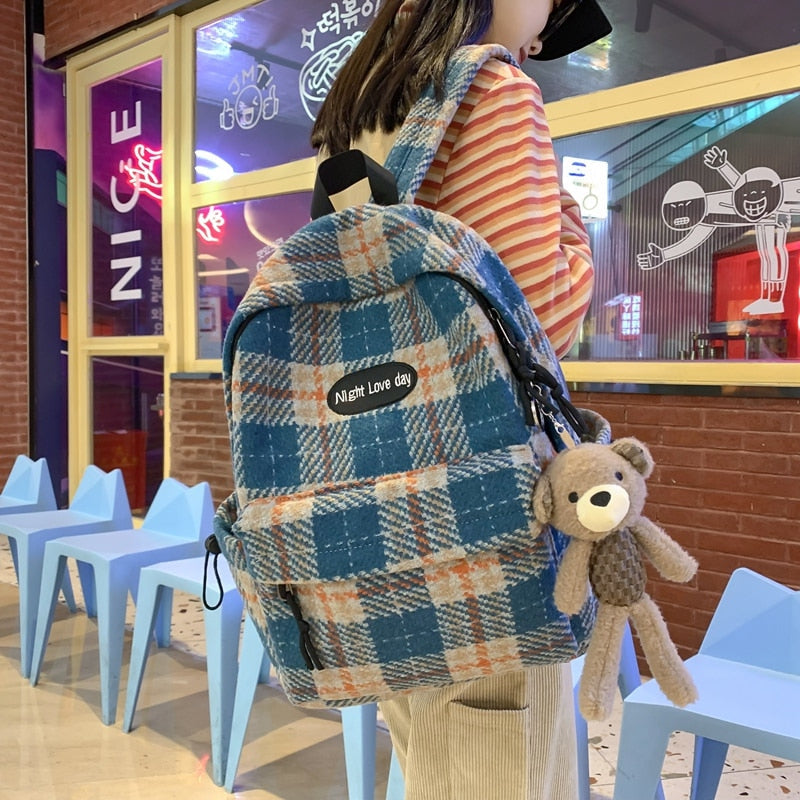 Plaid Woollen Cloth Backpack