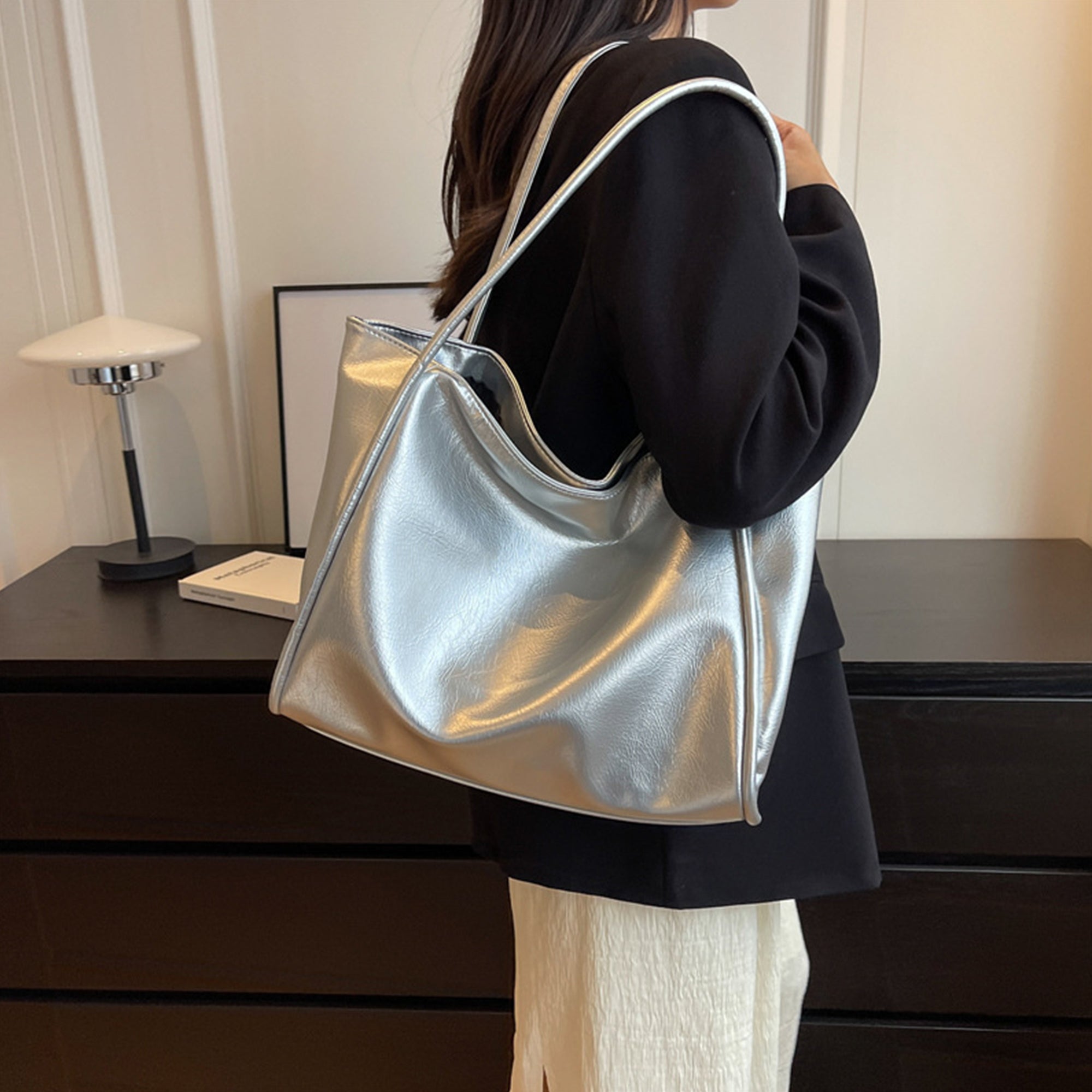 Commute Double Strap Solid Color Shoulder Tote Bags