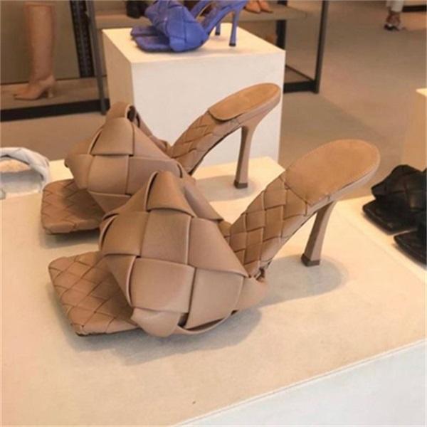 Womens Square Open Toe Heeled Woven Leather Slipper Heels