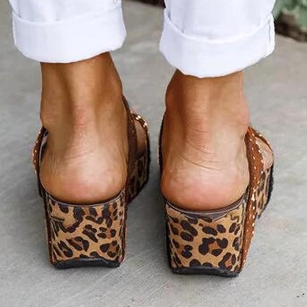 Women Leopard Printed Slip on Wedges Heel Gladiator Pumps Slide Sandals