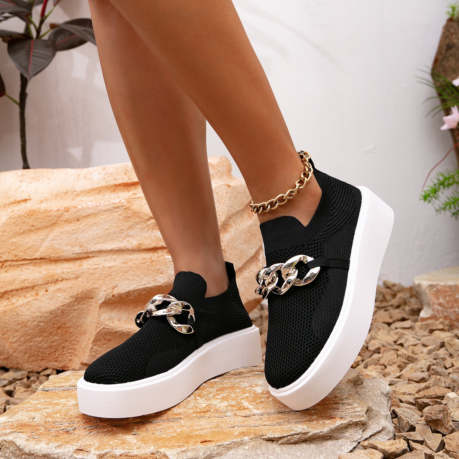 Futurecen- Women Chain Decor Platform Wedge Loafers