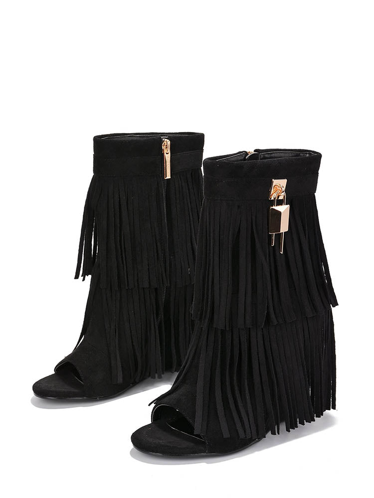 Fringe Open Toe Suede Boots