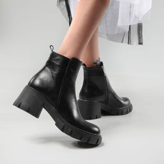 Lug Sole Block Heel Ankle Boots - Black