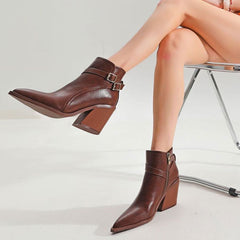 Pointed Toe Buckle Strap Block Heel Ankle Boots - Dark Brown