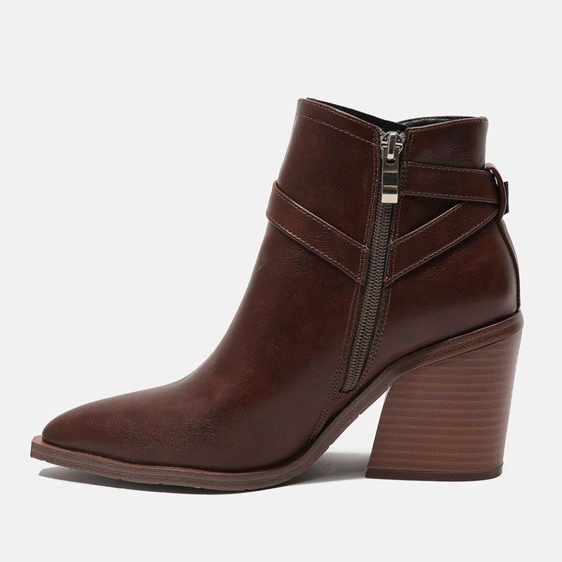 Pointed Toe Buckle Strap Block Heel Ankle Boots - Dark Brown