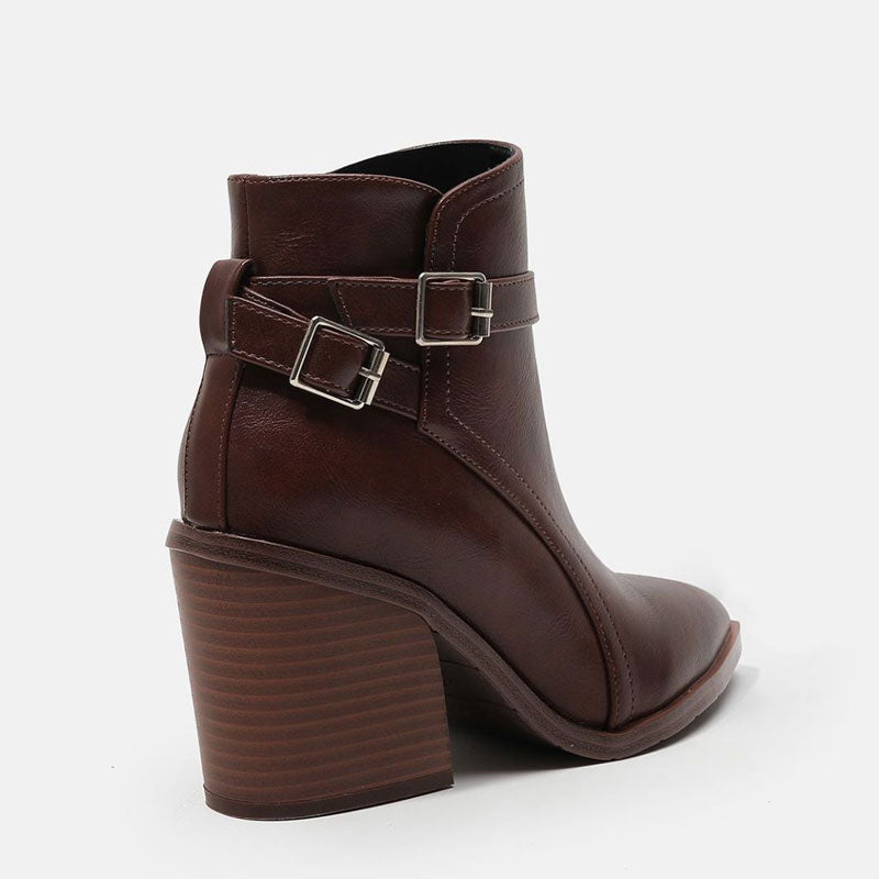 Pointed Toe Buckle Strap Block Heel Ankle Boots - Dark Brown