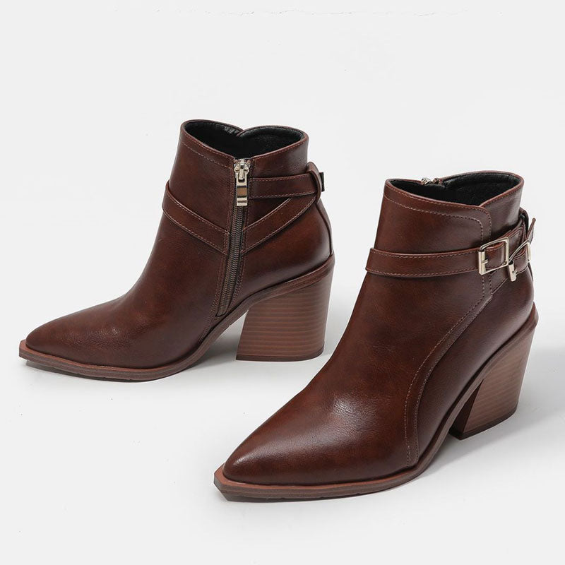 Pointed Toe Buckle Strap Block Heel Ankle Boots - Dark Brown