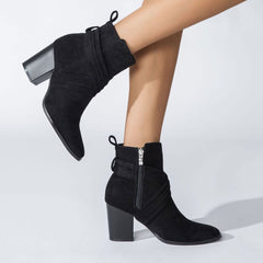 Crisscross Strap Pointed Toe Block Heel Suede Ankle Boots - Black