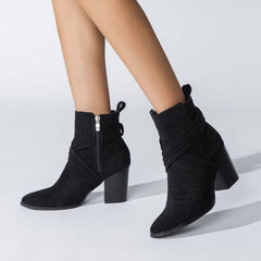 Crisscross Strap Pointed Toe Block Heel Suede Ankle Boots - Black